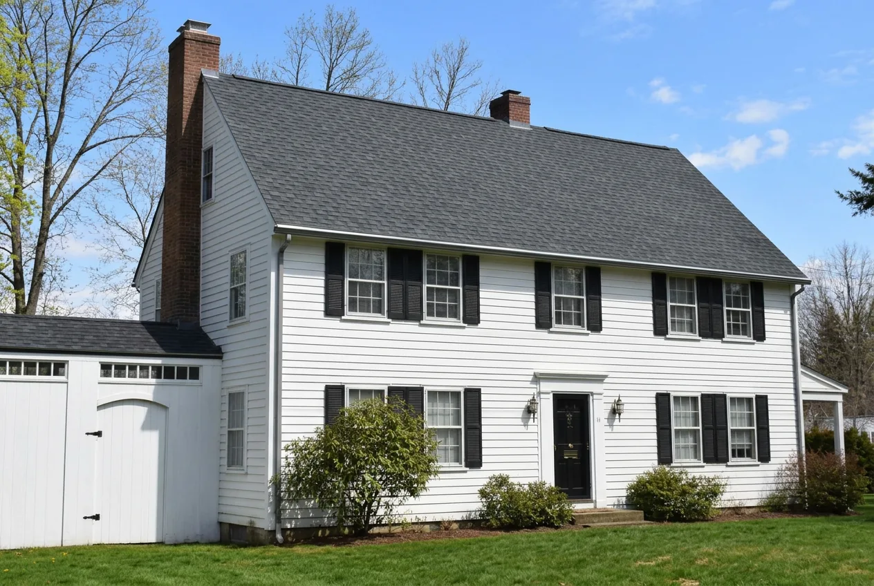 The same Connecticut colonial after a new architectural shingle roof installation